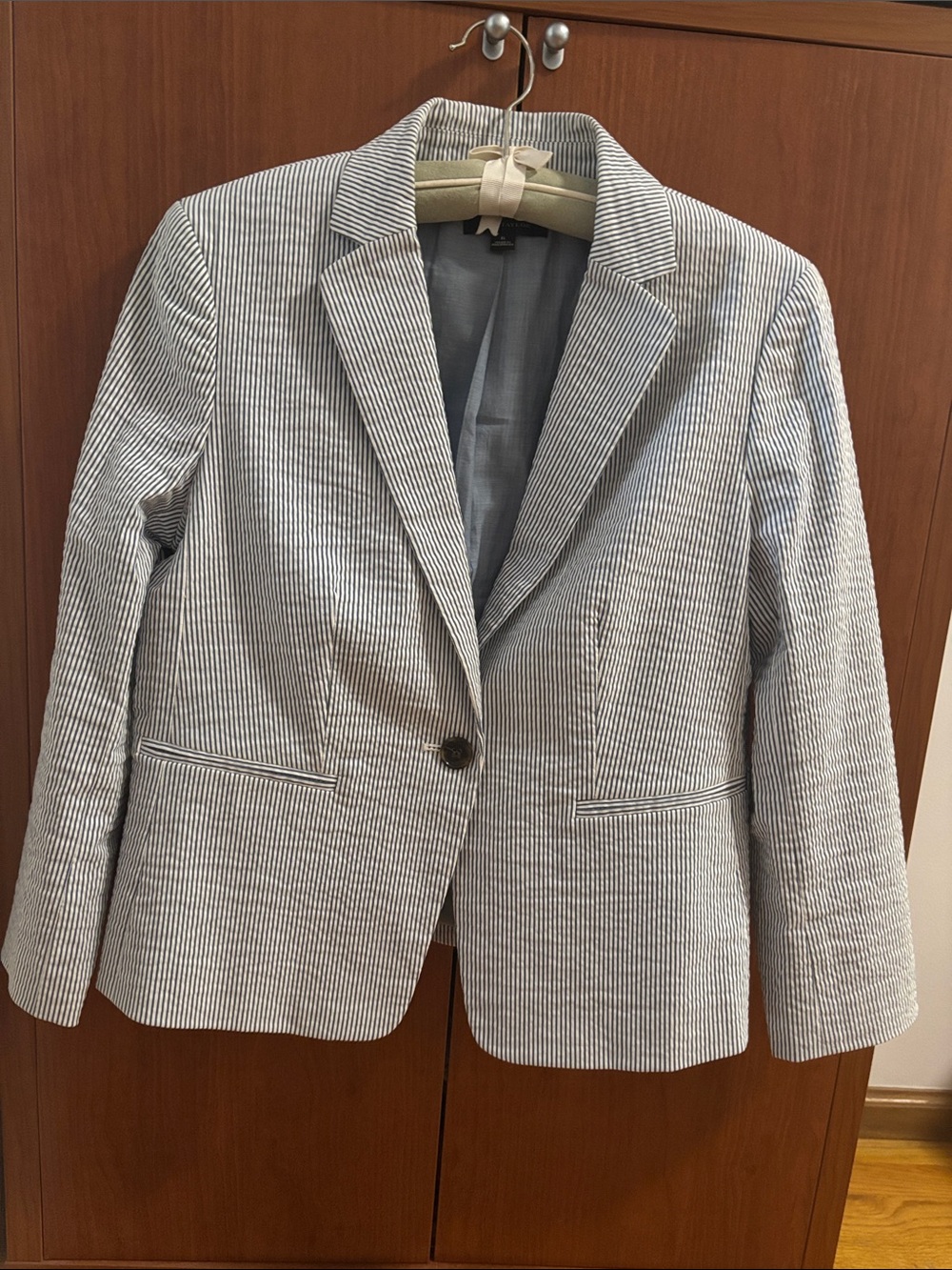 Ann Taylor Seersucker Blazer in Light Blue and White Stripes
